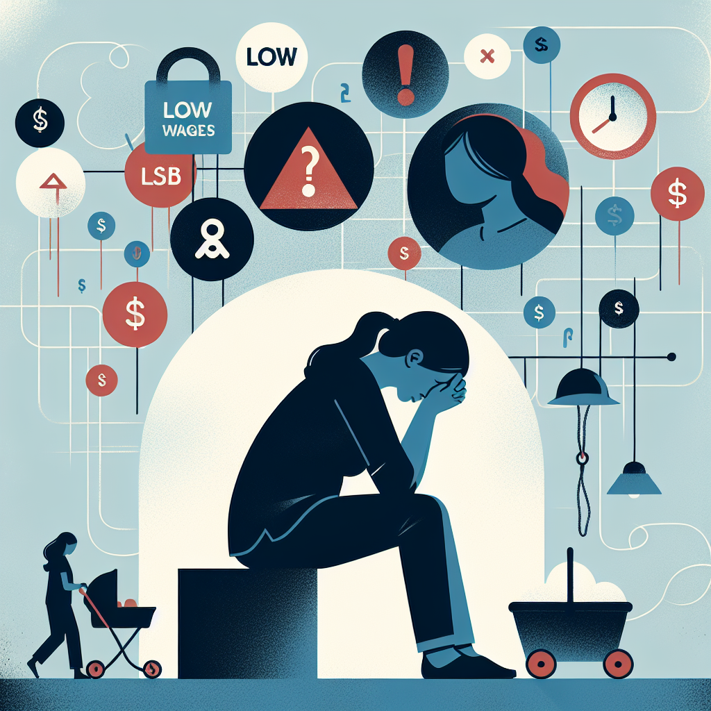 ストレスを抱えた学童保育指導員と低賃金や業務負担、人間関係の象徴を描いたイラスト