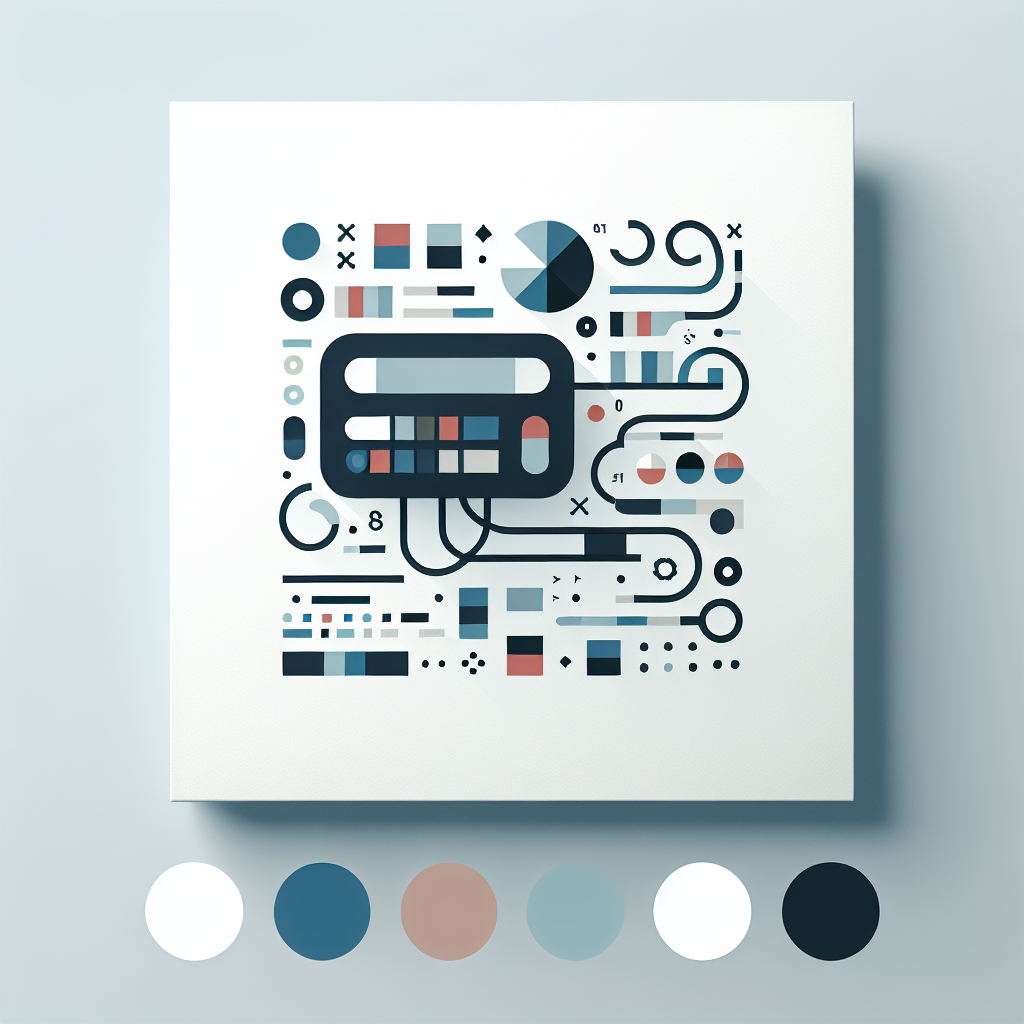 計算機と周りの抽象的な数字や記号を描いたイラスト